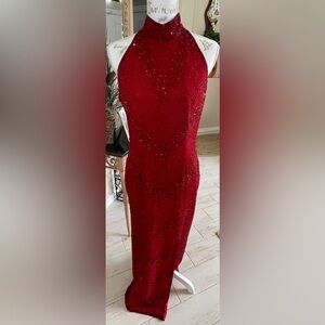 Beautiful vintage red sequined and beaded maxi dress